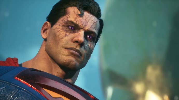 Close up of Superman from Suicide Squad game with evil purple eyes