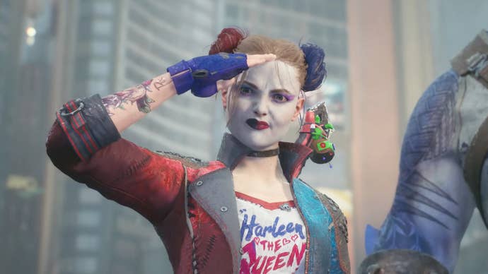 Harley Quinn facing the camera and saluting in Suicide Squad: Kill the Justice League.