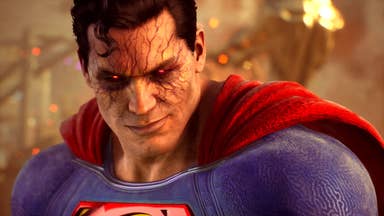 Suicide Squad screenshot showing evil Superman with red eyes