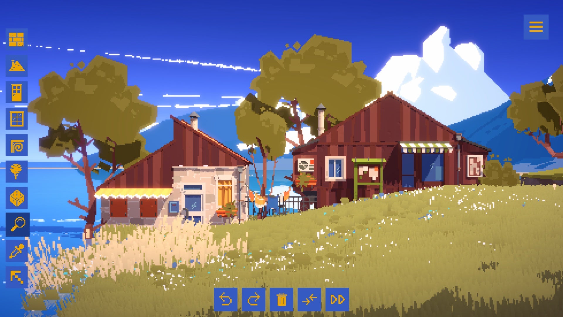 Two buildings sit on a grassy hill, the left building is small and made of stone with wooden, the right building is larger and made of wood. A few trees line the background.