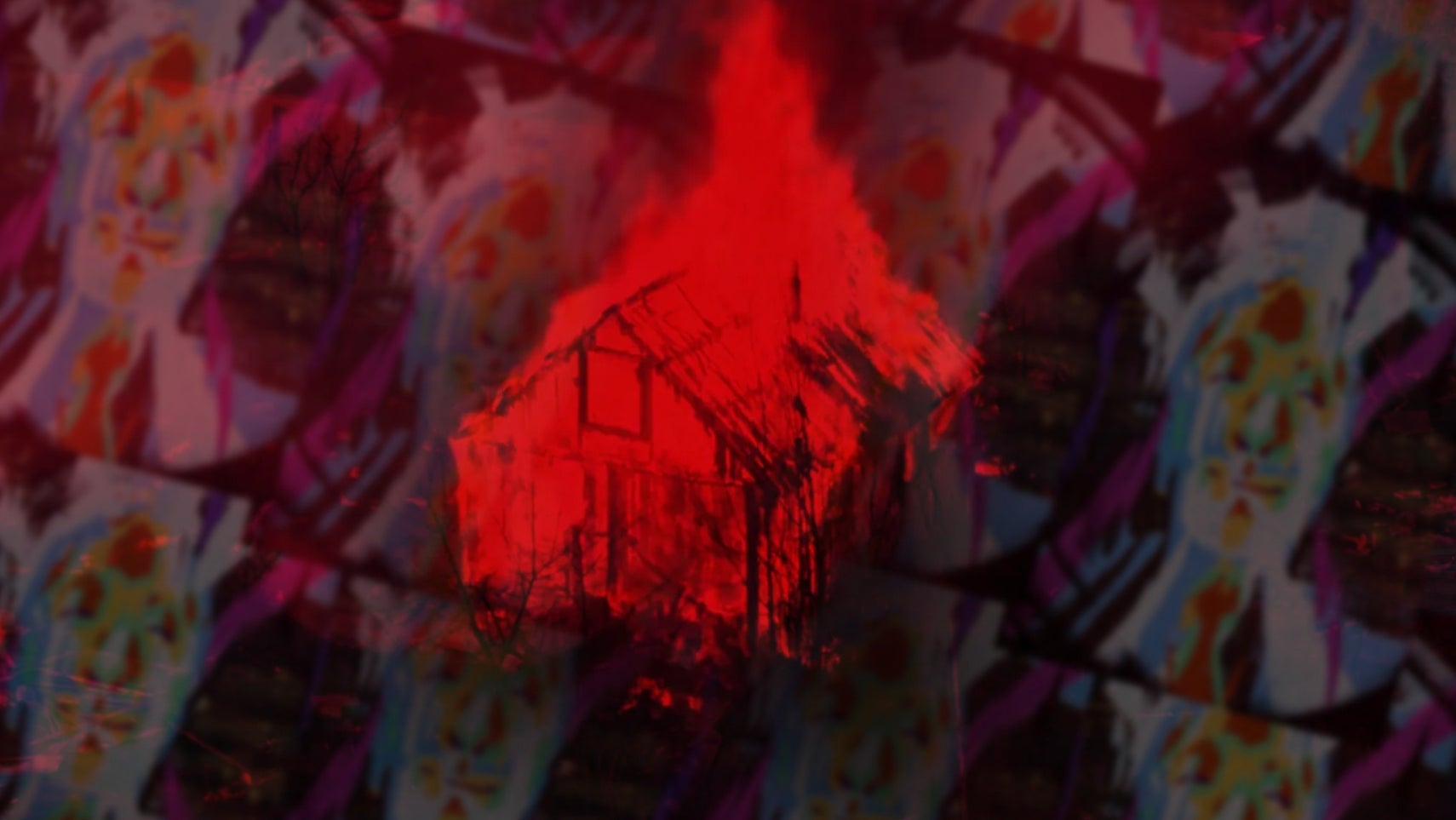 Summer Eternal's burning house logo over the rich guy in a container from Disco Elysium's face. - 1