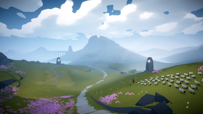 A rural pastoral scene with a mountain and a shepherd herding sheep in Summerhill