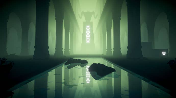 A watery ruin scene bathed in green light in Summerhill