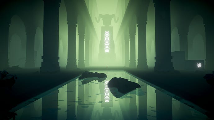 A watery ruin scene bathed in green light in Summerhill