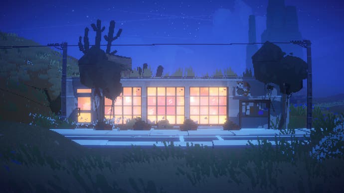 A strip mall at night with three big glowing windows in this screen from Summerhouse.