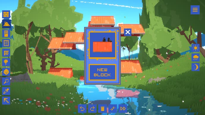 Unlocking a new playable piece in Summerhouse, the player has spammed a leafy river with floating roof parts.