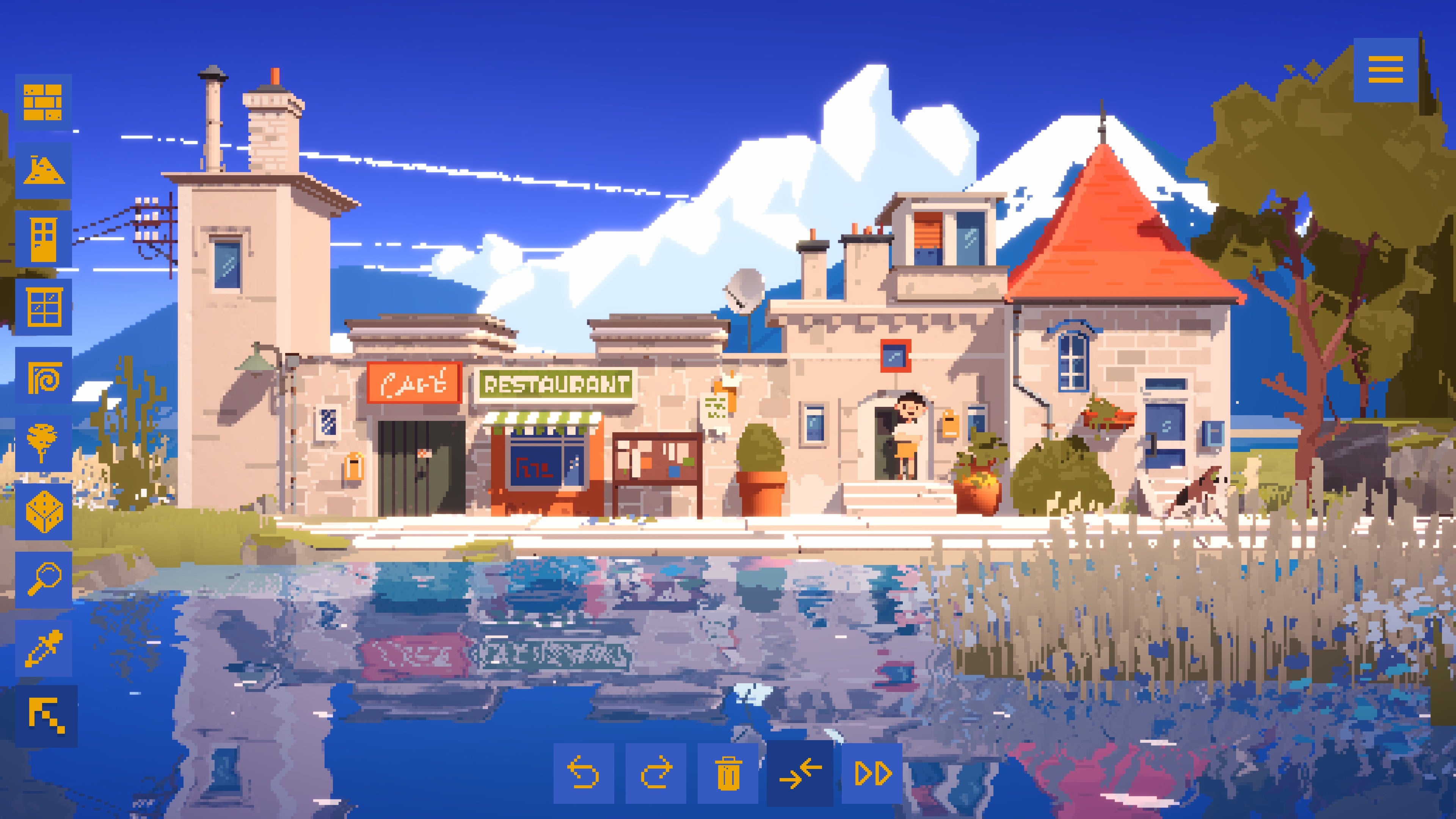 A small street of buildings on a river path in Summerhouse