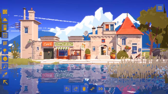 A small street of buildings on a river path in Summerhouse