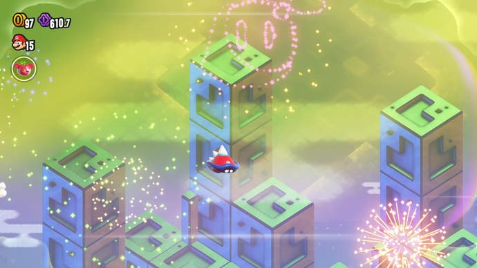 super mario bros wonder screenshot showing mario inhabiting a spiky creature, flying through the air