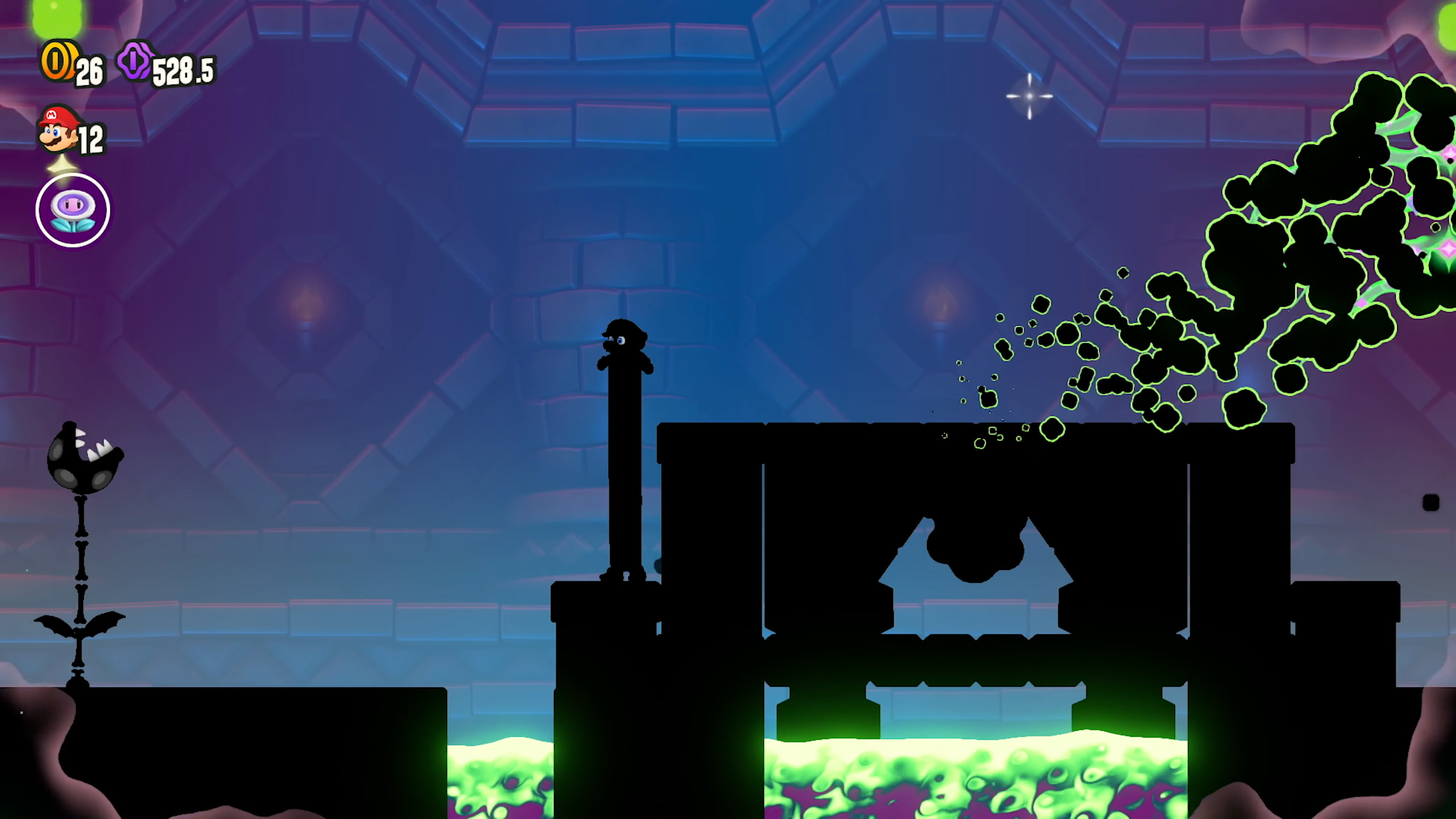 super mario bros wonder screenshot showing a very long mario, seen in silhouette