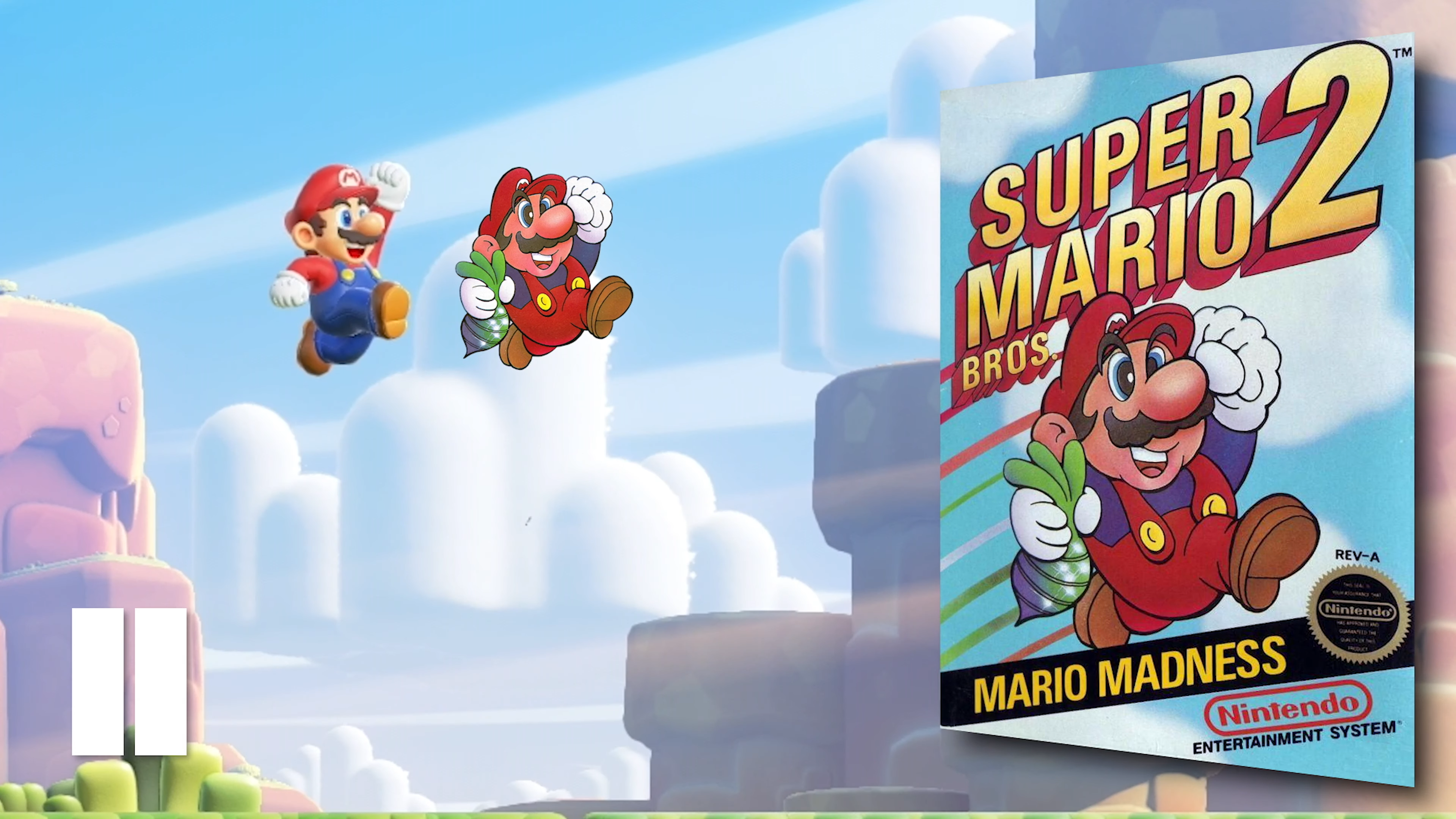 super mario bros wonder screenshot comparing mario&rsquo;s pose while jumping to the classic box art of super mario bros. 2