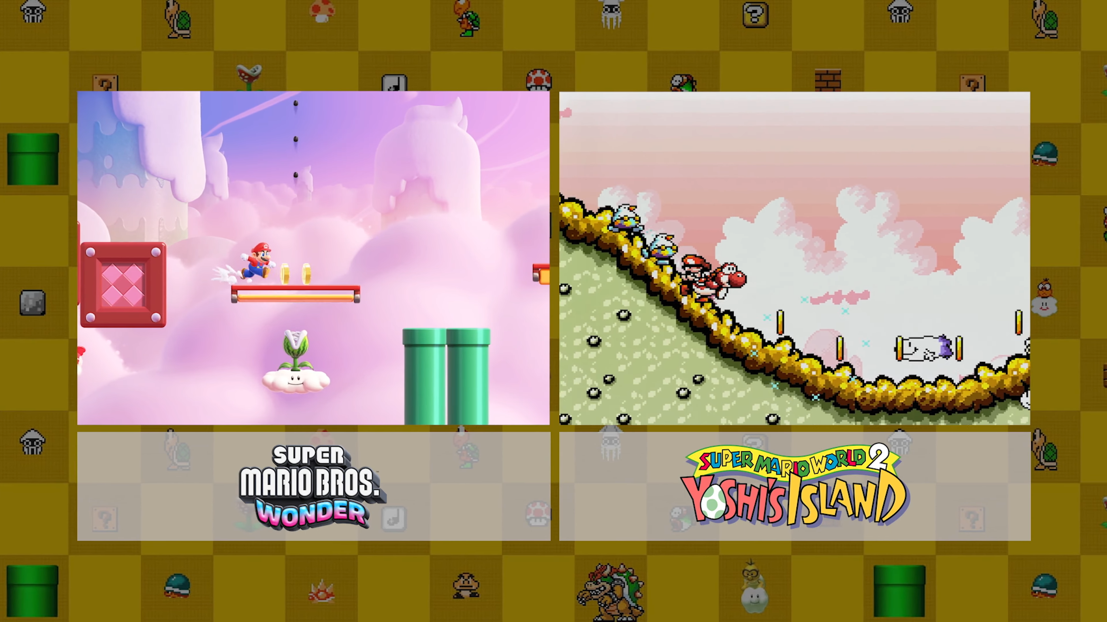 super mario bros wonder screenshot and yoshi&rsquo;s island screenshots compared, with background colours not often seen in the New series of games