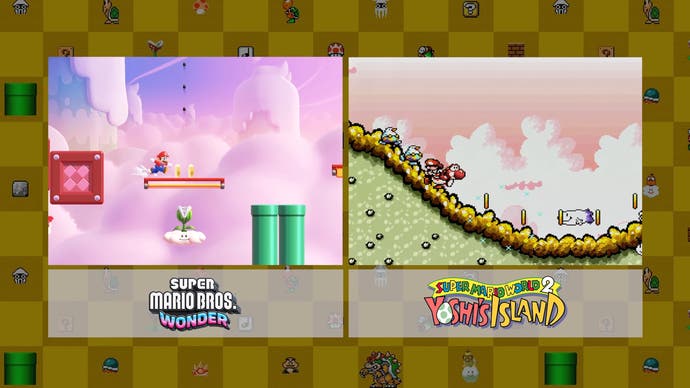 super mario bros wonder screenshot and yoshi's island screenshots compared, with background colours not often seen in the New series of games