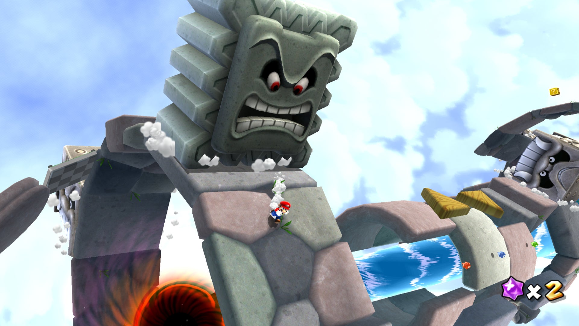 Mario flees a Thwomp block in Super Mario Galaxy