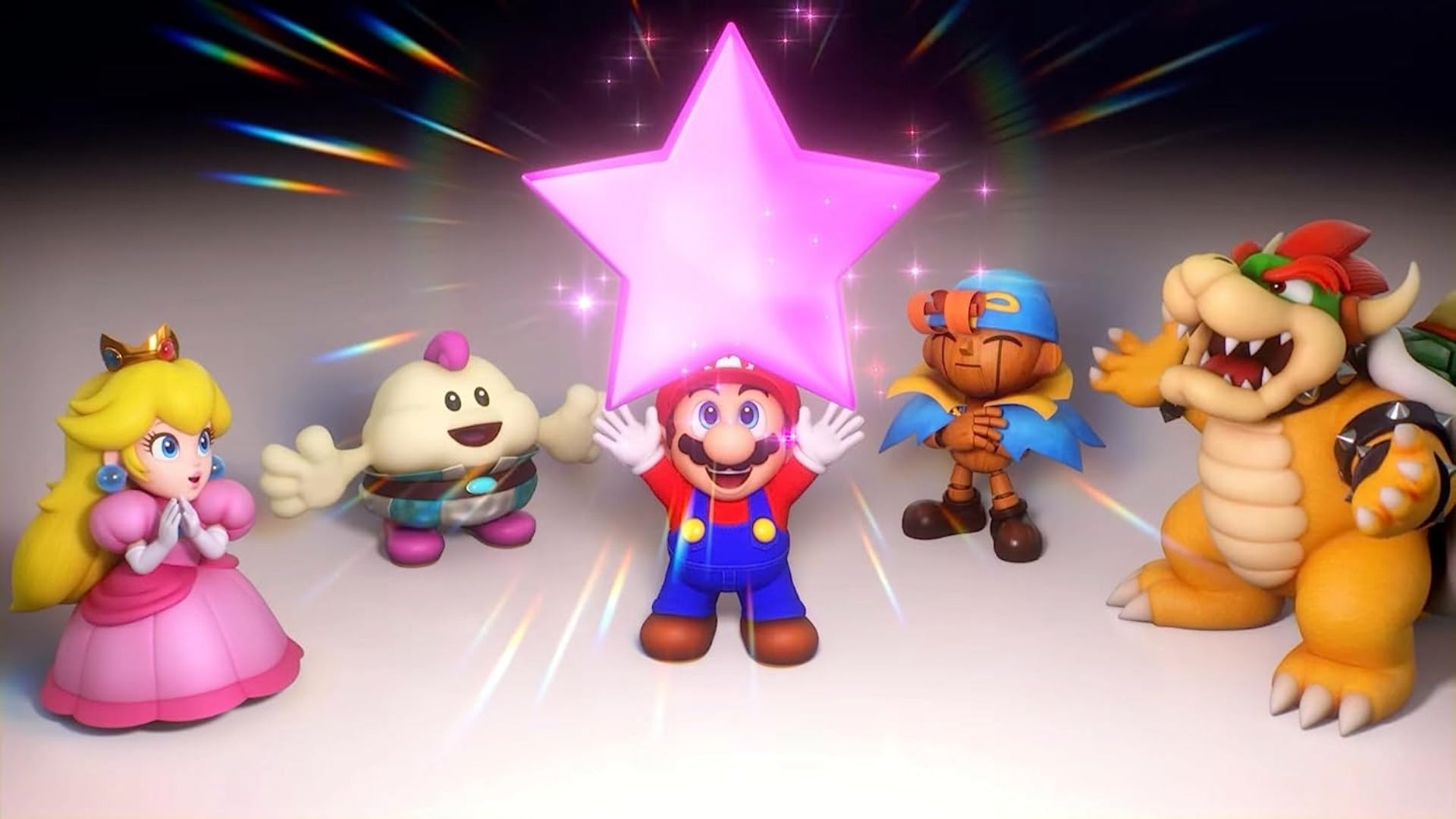 Peach, Bowser, Mario, and others stand in a half-circle, holding a star above their heads. - 1