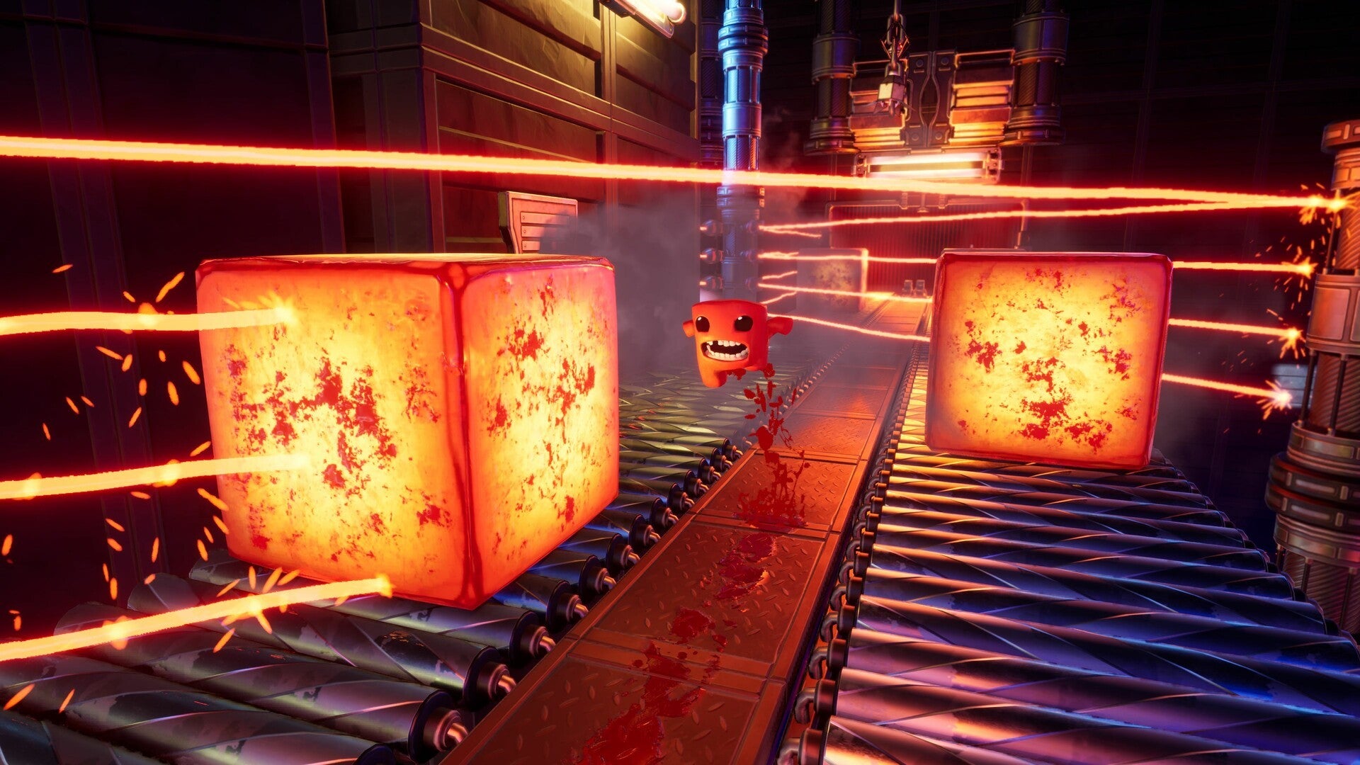 Meat Boy runs between some lasers in Super Meat Boy 3D. - 3