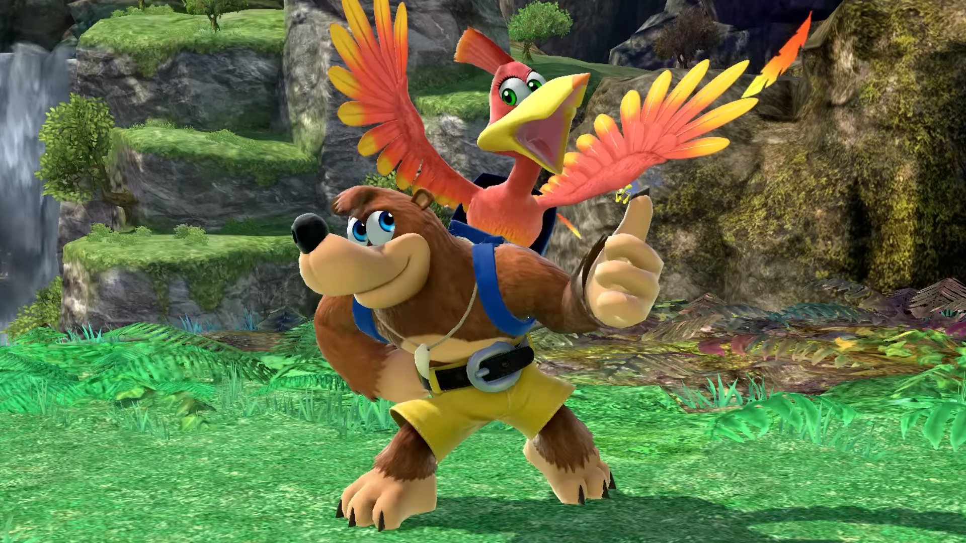 Screenshot of Banjo Kazooie in Super Smash Bros. Ultimate giving a thumbs up