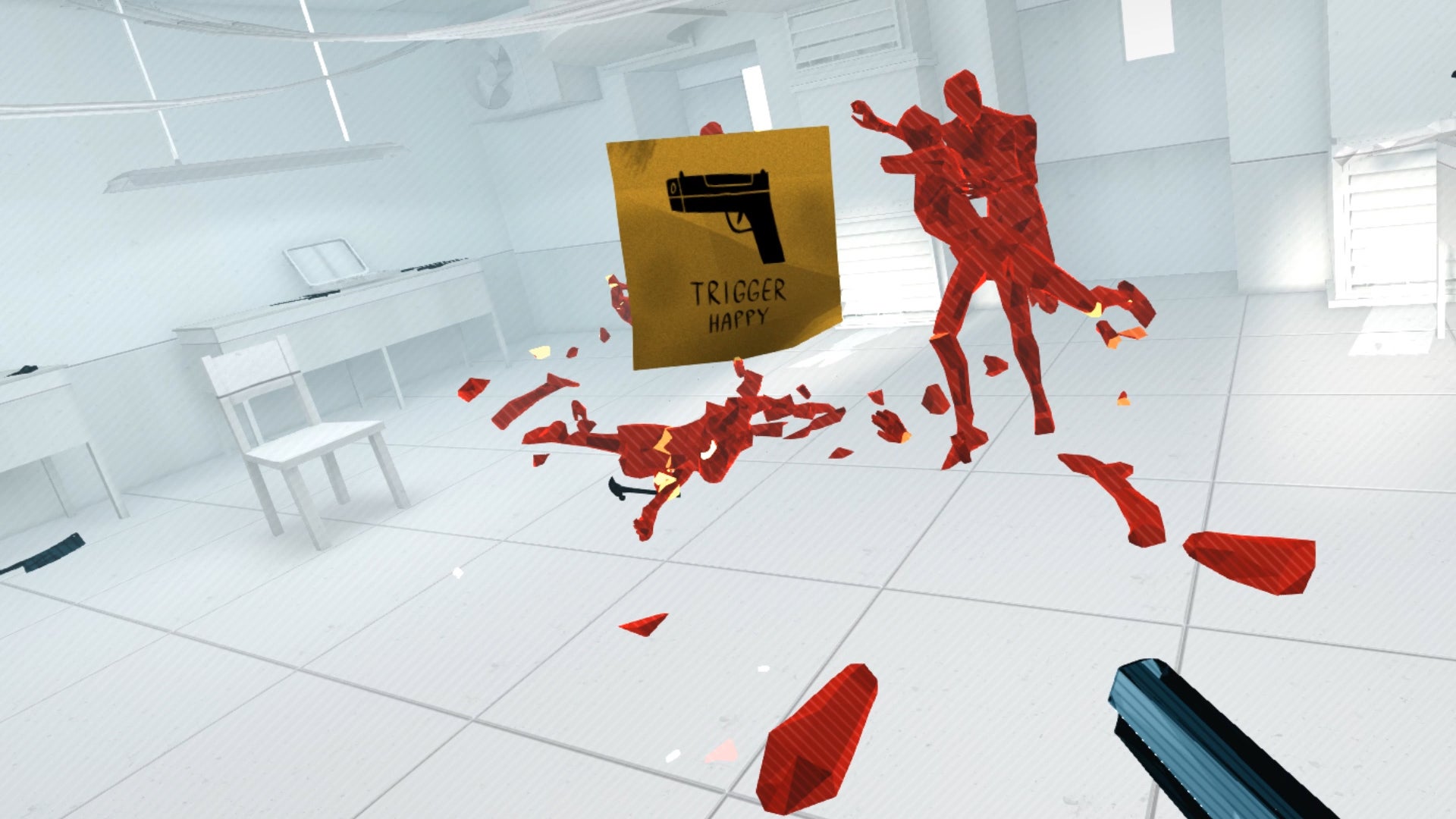 The player looks at a note in Superhot VR that reads &lsquo;Trigger Happy&rsquo;
