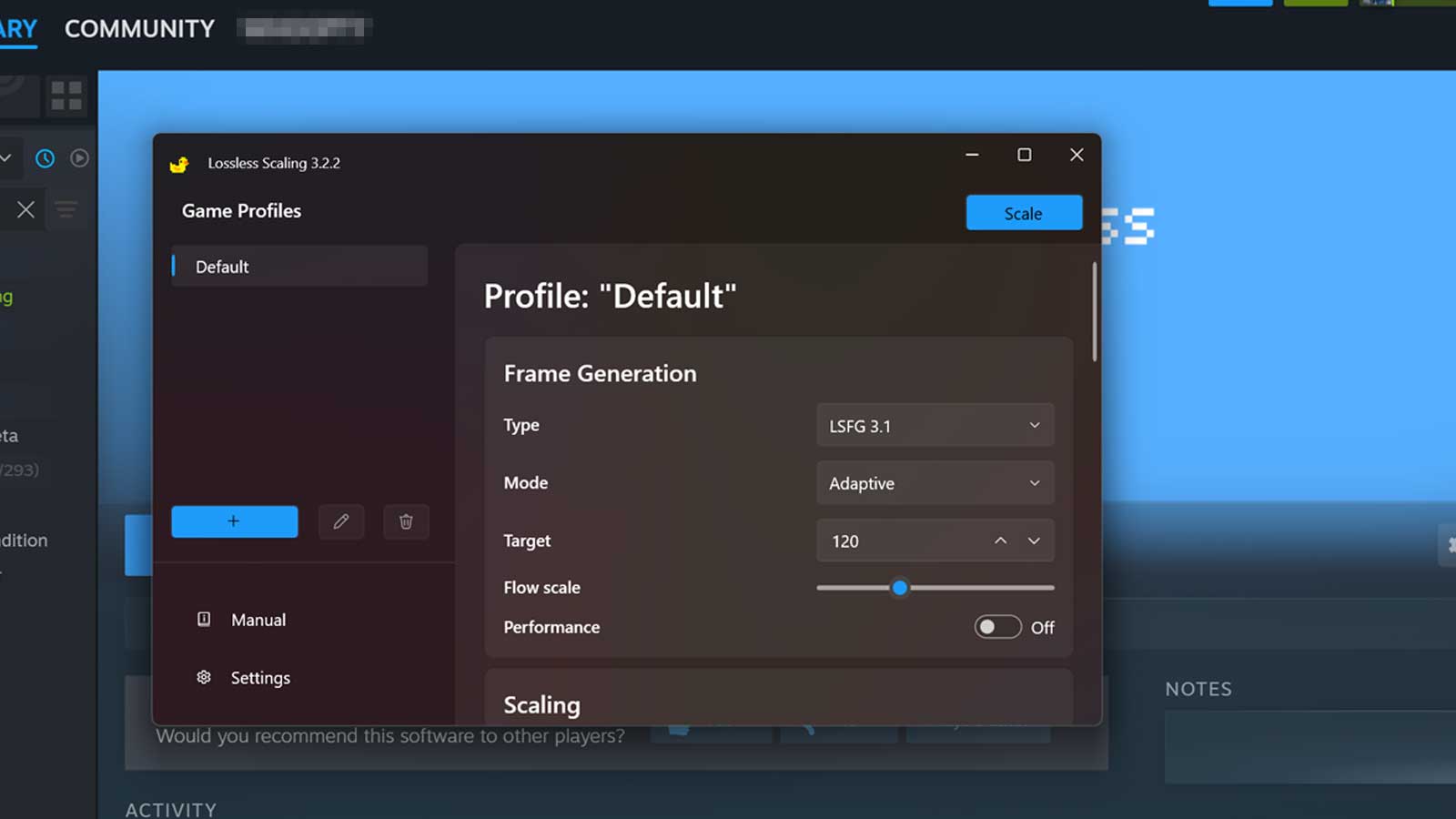 A screenshot of the Lossless Scaling application for PC.
