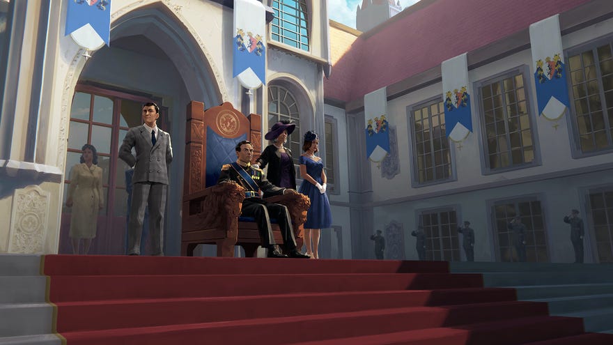 Family of monarchs pose atop a flight of stairs in a graphic for Suzerain’s Kingdom Of Rizia expansion