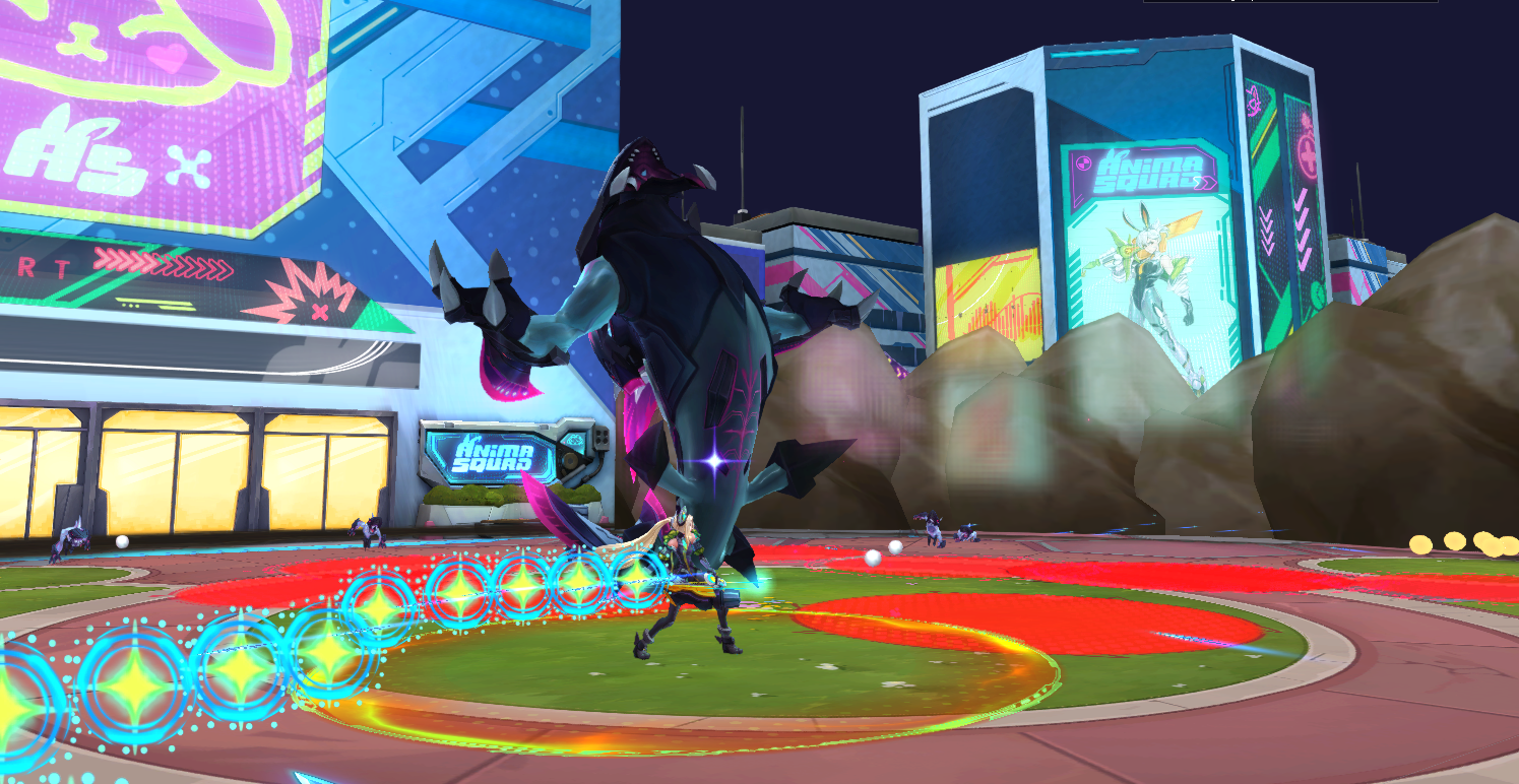 LoL Swarm mode official screenshot showing a Rek&rsquo;Sai boss fight moment in front of futuristic buildings