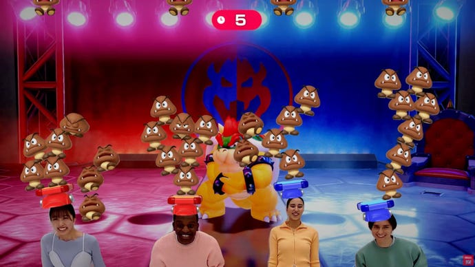 Super Mario Party Jamboree being played connected the Nintendo Switch 2, with unrecorded camera views of the players inserted via GameChat.