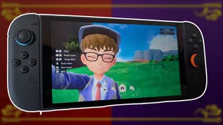 A trainer in Pokemon Scarlet and Violet takes a selfie, in a Switch 2 console against a Scarlet and Violet background.