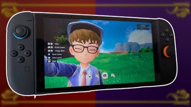 A trainer in Pokemon Scarlet and Violet takes a selfie, in a Switch 2 console against a Scarlet and Violet background.