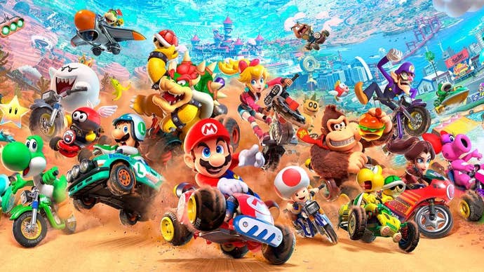 a screenshot of the Mario Kart World roster of characters, with Mario smiling on a car at the front