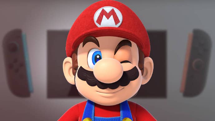 Mario’s big winking face over an image of the Switch 2