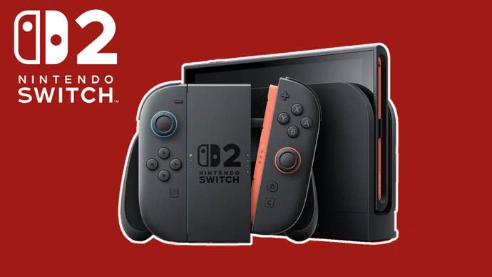 The Switch 2 console on a deep red background.