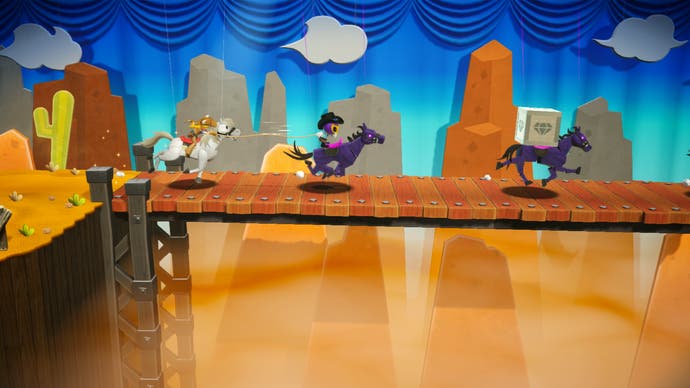 Princess Peach: Showtime screenshot showing a sides-crolling section where Peach rides a horse.