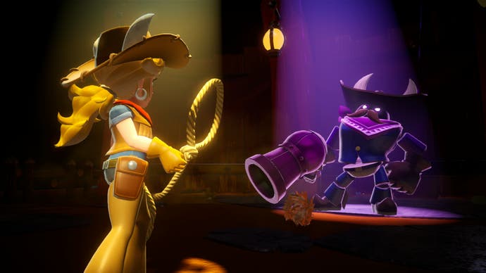 Princess Peach: Showtime screenshot showing Peach wielding a lasso against a boss character in a cowboy hat.