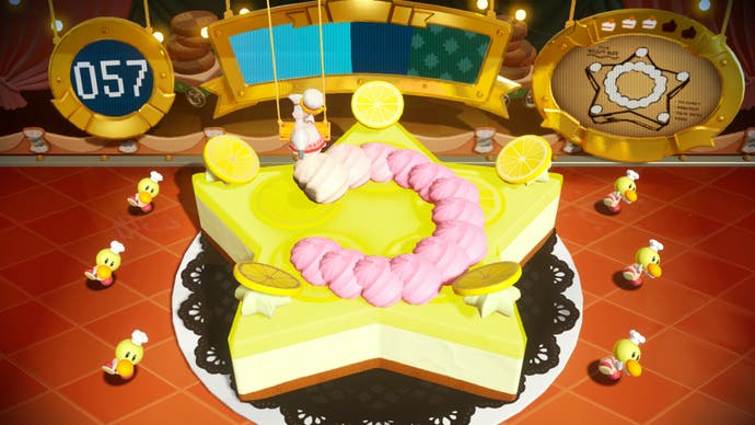 Princess Peach: Showtime screenshot showing a baking mini-game, cream dropping onto a cake.
