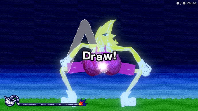 Some sort of crouching creature is in front of us, showing us what appears to be its butthole, while on the screen the WarioWare instructions are to draw. But what? Hmm, bad choice of words. What on earth is going on.
