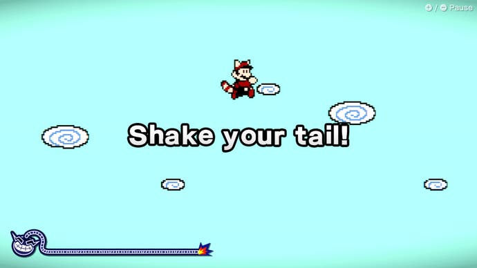 A WarioWare Move It! screenshot showing a scene from an old Mario game, where Mario is turned into a racoon and the instructions on the screen are to shake your tail. But I don't have a tail, Nintendo! Whatever am I to do!