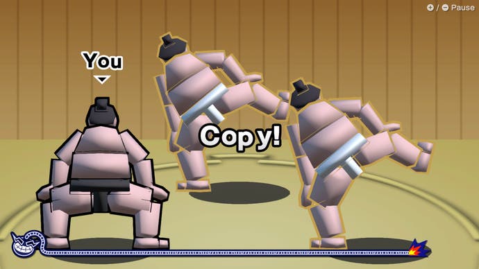 A WarioWare Move It! screenshot showing three sumo wrestlers. Two have their legs lifted up like dogs about to pee on a lamp post. The third sumo must copy them.