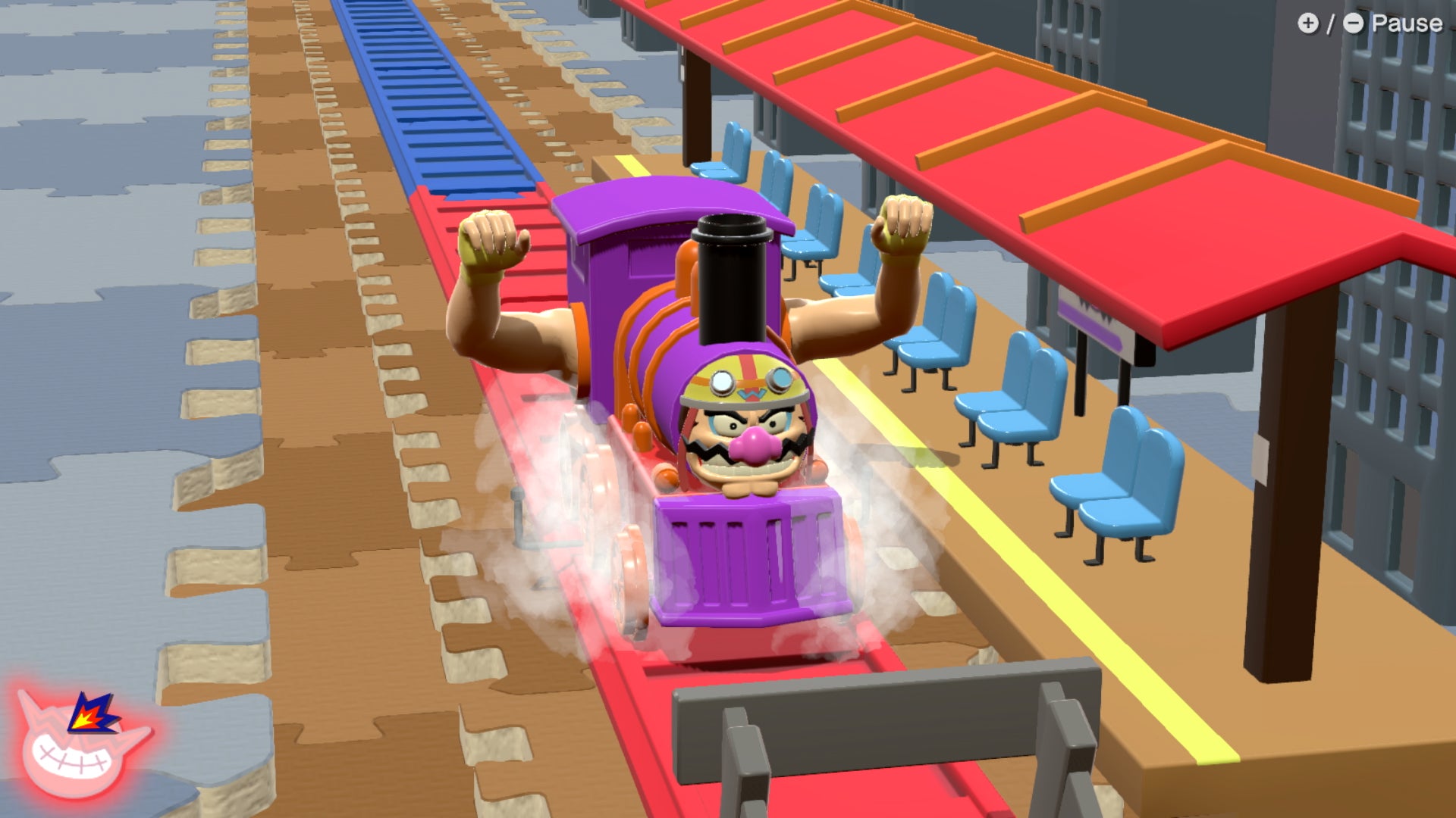 Wario, as a train, toots and celebrates as he pulls into a low-poly station. - 3