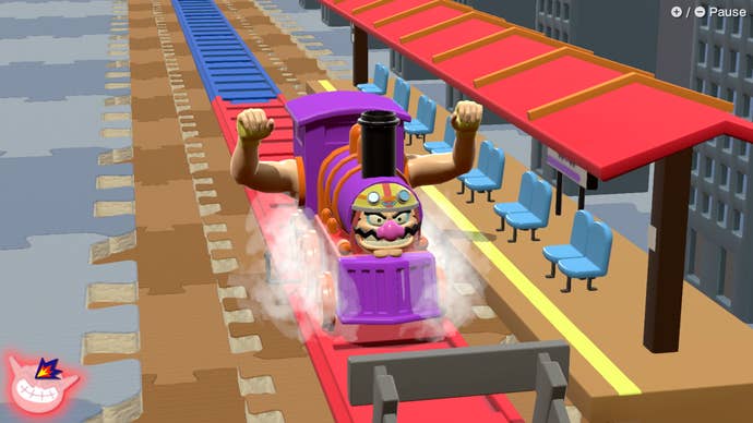 Wario, as a train, toots and celebrates as he pulls into a low-poly station.