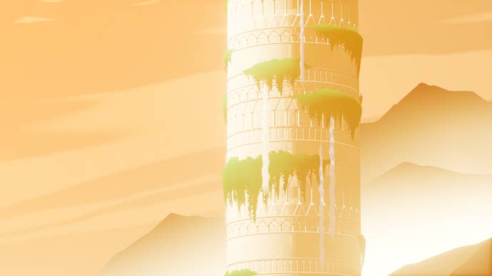 Sword of the Sea screenshot showing a distant, cylyndrical tower covered in moss emerging from the desert