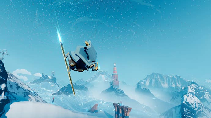 Sword of the Sea screenshot showing you facing downwards after a flip, from the side, with mountain peaks and starry sky in the background