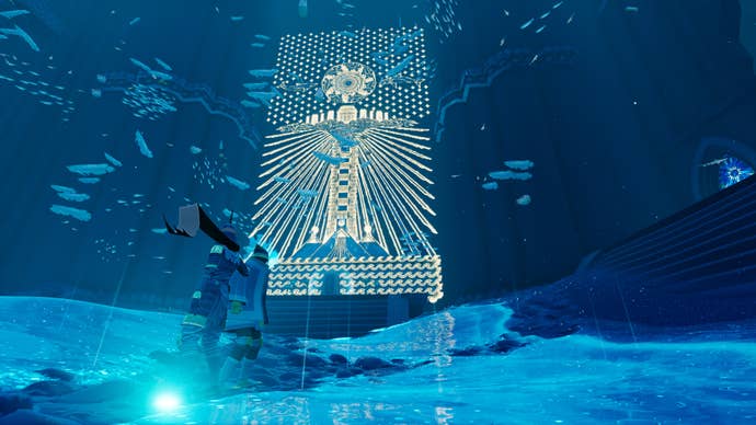 Sword of the Sea screenshot showing a strange, glowing gold mural on an icy cave wall