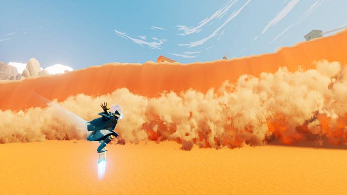 Sword of the Sea screenshot showing you surfing towards a wall of sandy waves