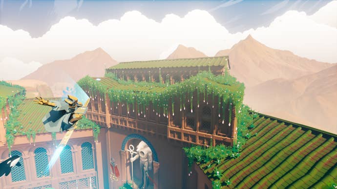 Sword of the Sea screenshot showing a grass and moss-covered temple in the desert