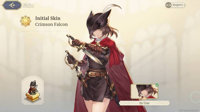 Crimson Falcon’s default character skin is shown in Sword of Convallaria