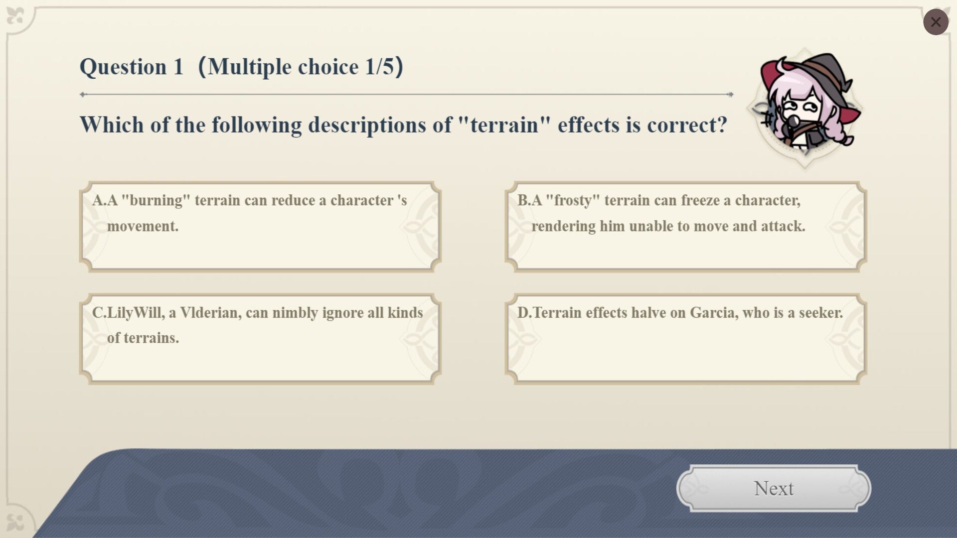 The first question in Curious Beryl's quiz in Sword of Convallaria is shown - 3