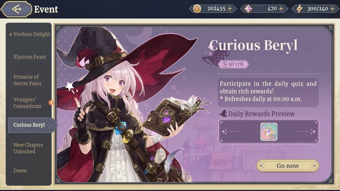 The event page for the Curious Beryl quiz is shown in Sword of Convallaria