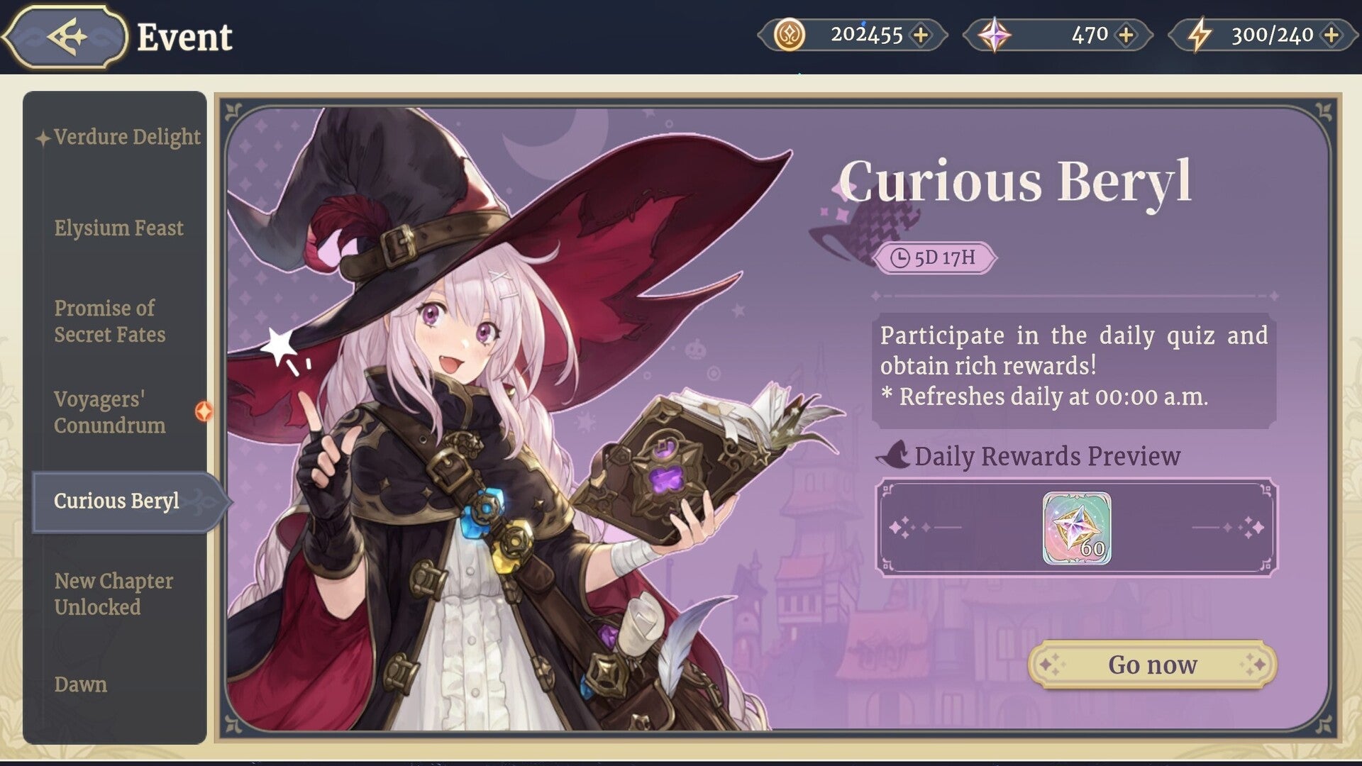 The event page for the Curious Beryl quiz is shown in Sword of Convallaria - 1