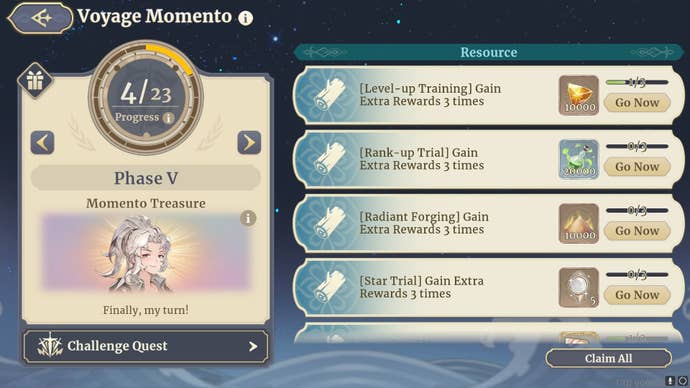 The quests and rewards that are part of Phase 5 of the Voyage Memento event in Sword of Convallaria are shown