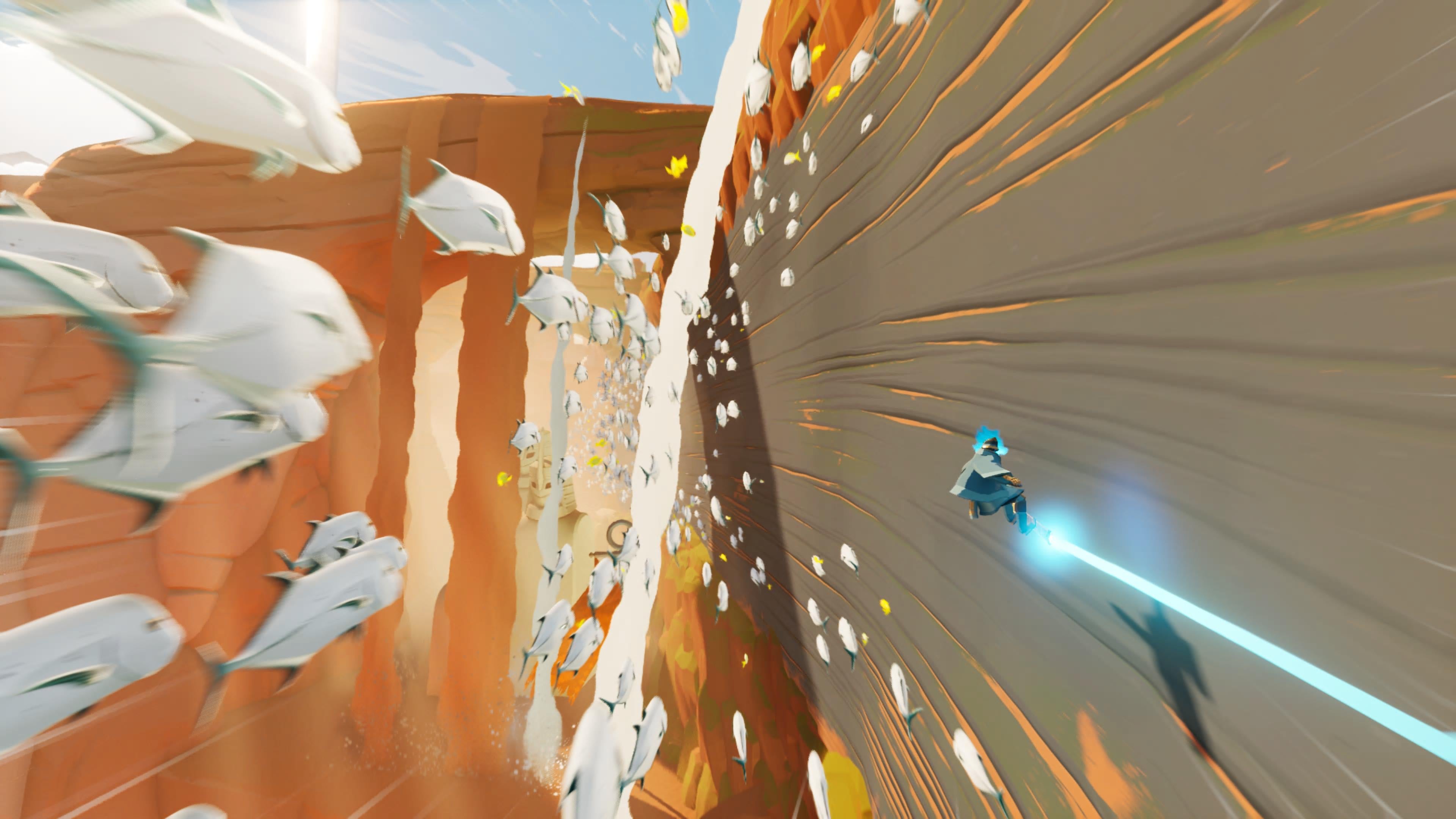 Sword of the Sea screenshot showing you wall-riding with fish swimming in the air